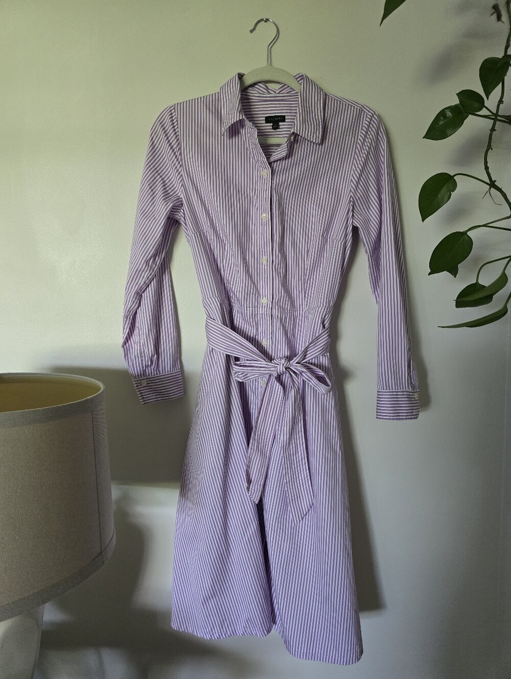 Talbots 100% Cotton Size 4 Purple White Striped Belted Button Down Midi Dress